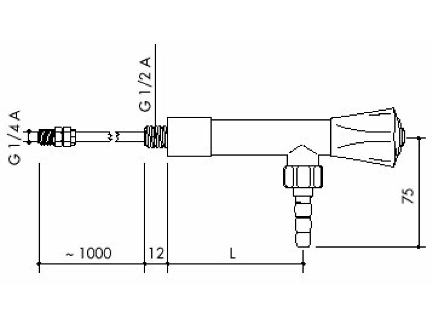 TOF 1000/610 - Laboratorní nástěnný ventil pro demi vodu s přivodní hadicí, výtok 90° - nákres