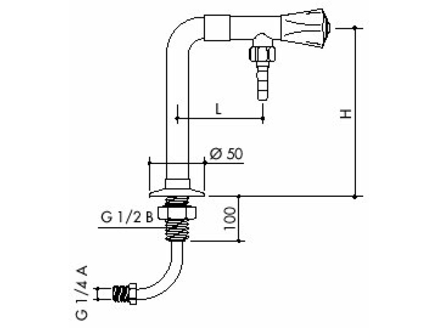 TOF 1000/630 - Laboratorní ventil pro demi vodu s přivodní hadicí, výtok dolů