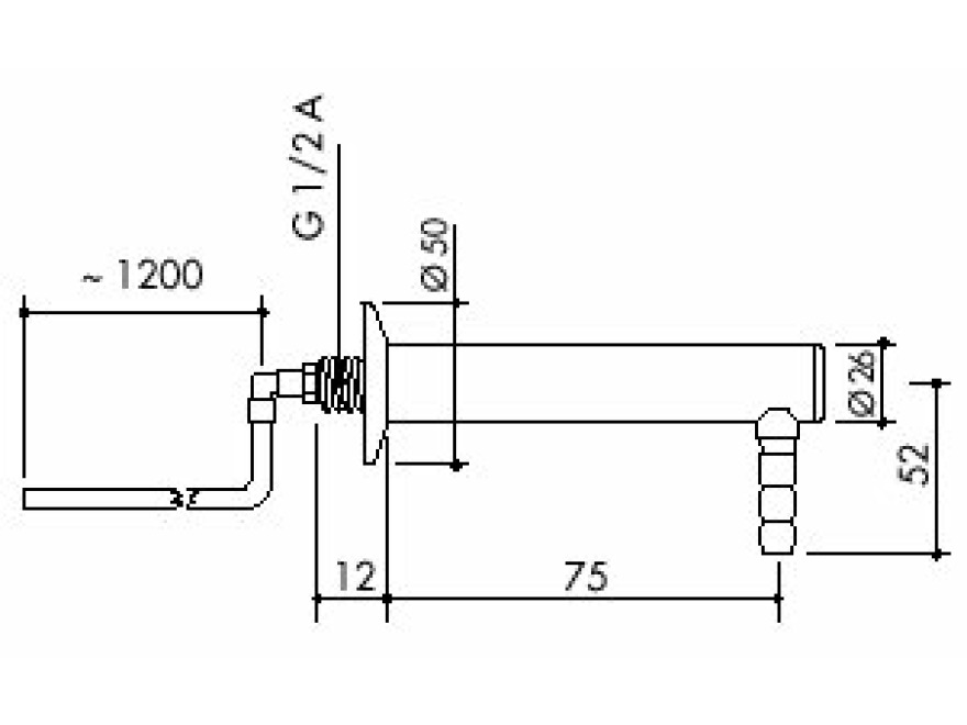 TOF 1000/656 - Laboratorní výtok pro demi vodu s přívodní hadicí, výtok 90°,l 75 mm